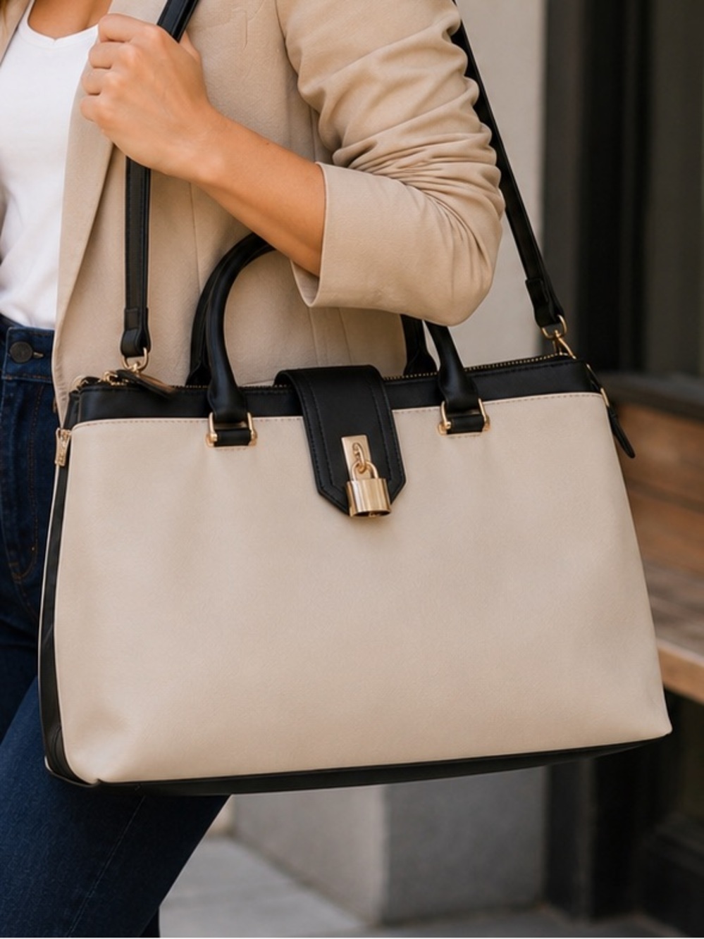 Kelly & Katie Two Tone Tote Bag Black Cream Satchel Crossbody Excellent